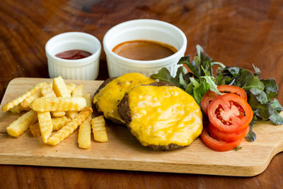 Close-up of food served on table