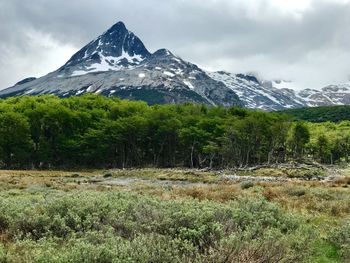 Scenic view of snowcapped mountains against sky