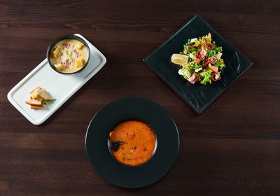High angle view of meal served on table