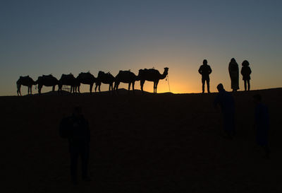 Silhouette people on shore against sky during sunset