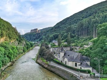 Road amidst buildings against sky