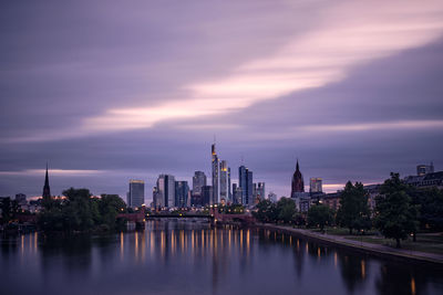 View of frankfurt am main skyline against cloudy sky during sunset
