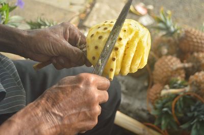 High angle view of man preparing food