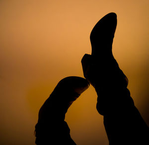 Close-up of silhouette hand against orange sky