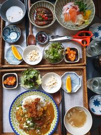 High angle view of meal served on table
