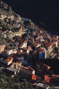 High angle view of townscape against sky at night