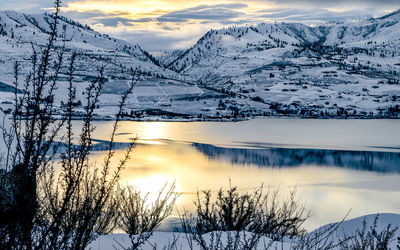 Scenic view of lake against dramatic sky