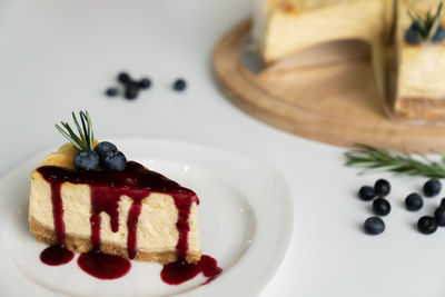 Close-up of cake served on table