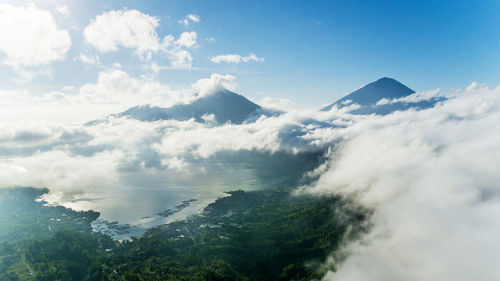 Aerial view of mountain range against cloudy sky