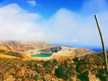 Scenic view of lake and mountains against sky