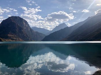 Scenic view of lake and mountains against sky