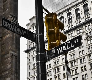 Low angle view of road sign against buildings