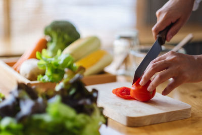 Midsection of man preparing food on cutting board at home