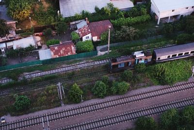 High angle view of train on railroad tracks against sky