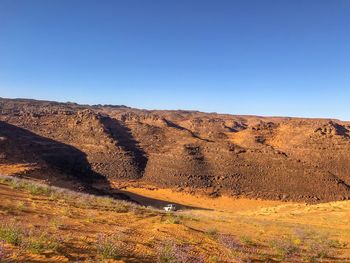 Scenic view of arid landscape against clear blue sky