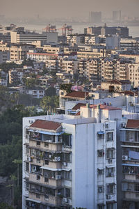 High angle view of buildings against sky