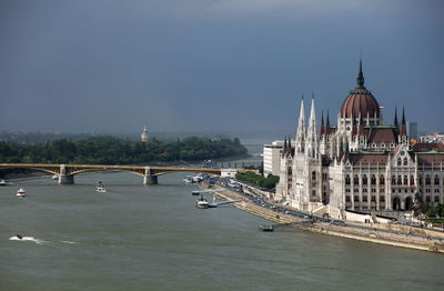 Aerial view of bridge over river against sky