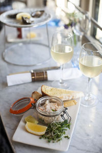 Seafood on table with white one