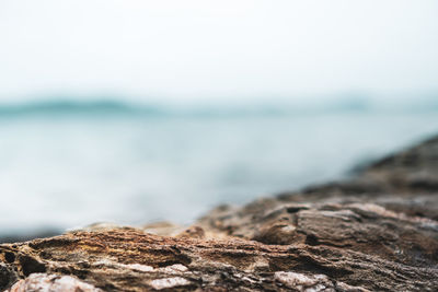 Surface level of rocks on shore against sky