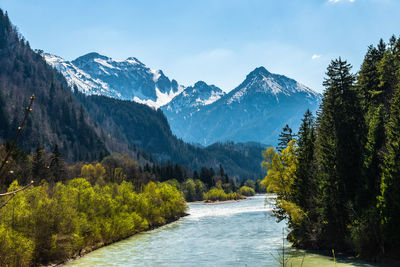 Scenic view of river amidst mountains against sky