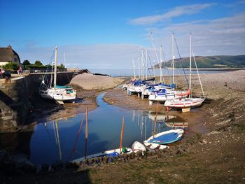 Sailboats moored at harbor