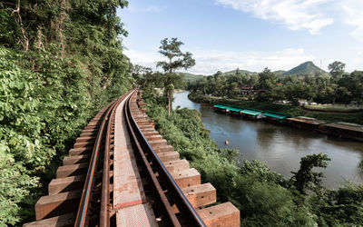 Railroad tracks by river against sky