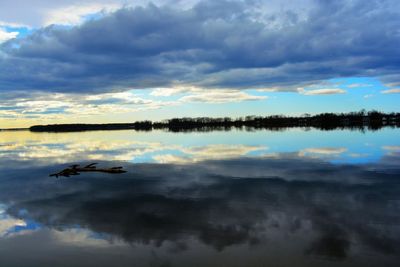 Scenic view of calm lake against cloudy sky