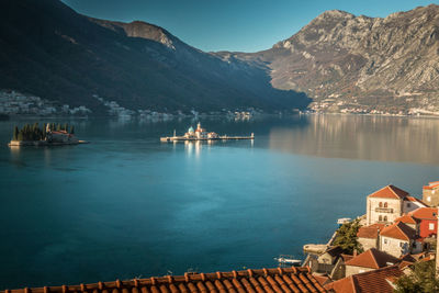 Scenic view of lake and mountains against sky