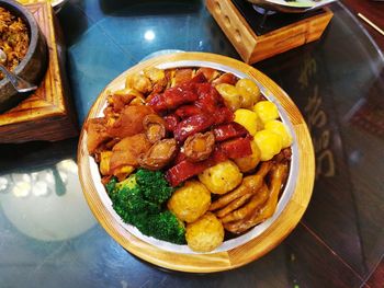 High angle view of meal served on table