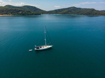 High angle view of sailboat sailing on sea