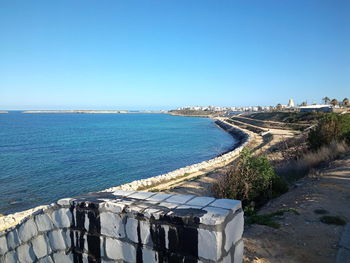 Panoramic view of sea against clear blue sky