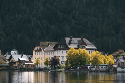 Houses by river and buildings against trees
