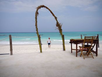 Rear view of man standing at beach against sky