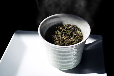 High angle view of plants in bowl on table