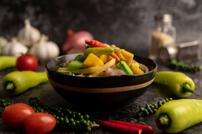 Close-up of fruits and vegetables on table