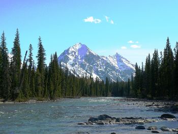 Scenic view of lake by snowcapped mountains against sky