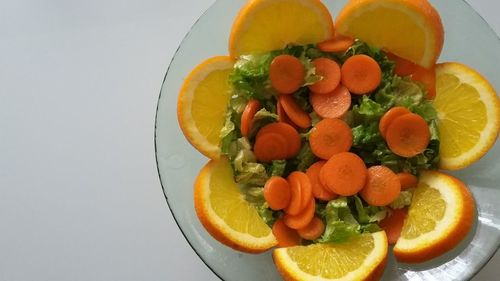 High angle view of fruits in plate