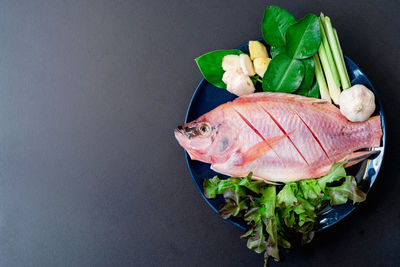 High angle view of fish on table