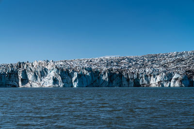 Panoramic shot of sea against clear blue sky