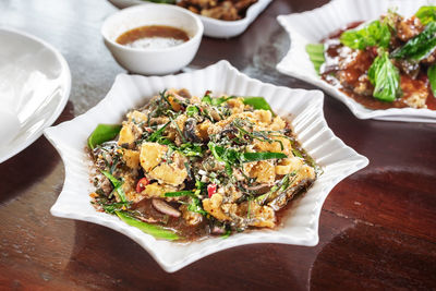 High angle view of salad in plate on table