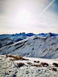 Scenic view of snowcapped mountains against sky