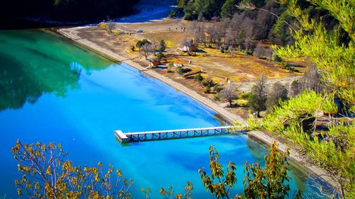 High angle view of swimming pool by lake