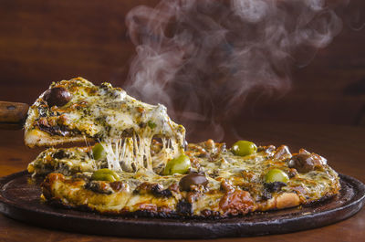 Close-up of pizza on table