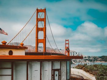 View of suspension bridge against cloudy sky