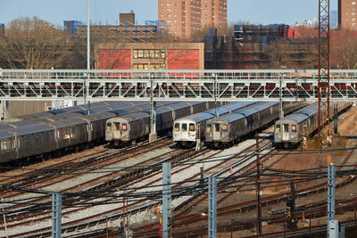 Coney island train yard with several parked nyc trains