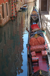 High angle view of boats moored in canal