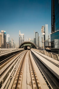 Railroad tracks in city against clear sky