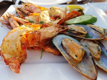 High angle view of seafood in plate on table