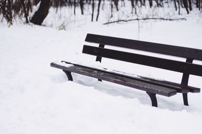 Snow covered bench on field