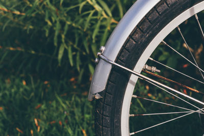 Some of the bicycles are parked in the garden.parts of the bike.bicycle wheel part, close up details